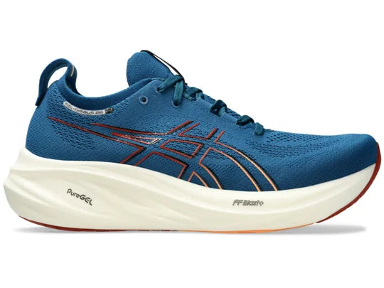 Men's Asics Gel-Nimbus 26. Blue upper. White midsole. Lateral view.