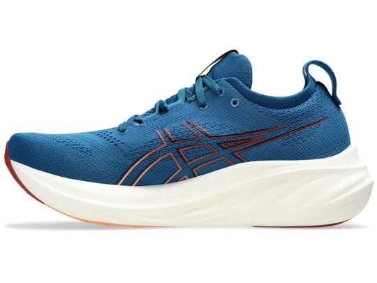 Men's Asics Gel-Nimbus 26. Blue upper. White midsole. Medial view.