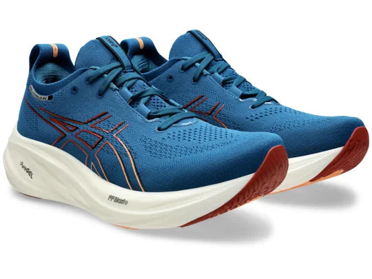 Men's Asics Gel-Nimbus 26. Blue upper. White midsole. Lateral view.