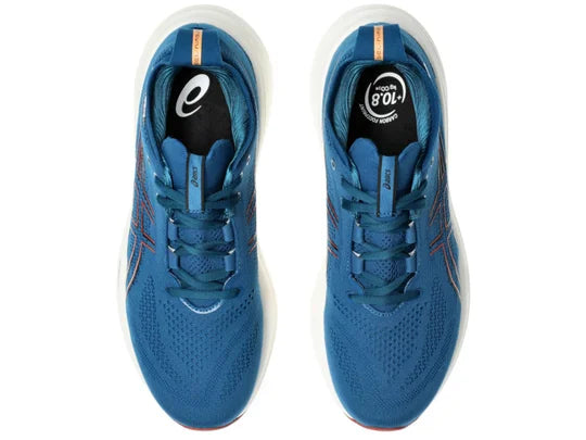 Men's Asics Gel-Nimbus 26. Blue upper. White midsole. Top view.