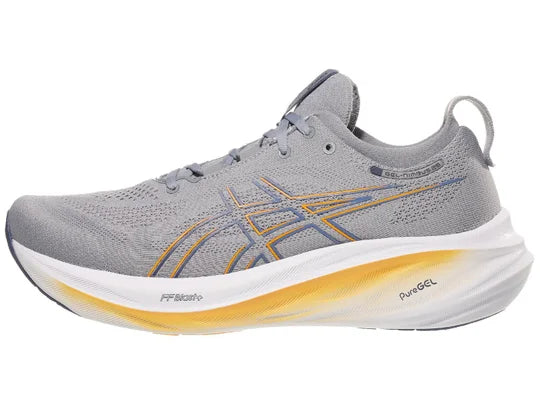 Men's Asics Gel-Nimbus 26. Grey upper. White midsole. Lateral view.