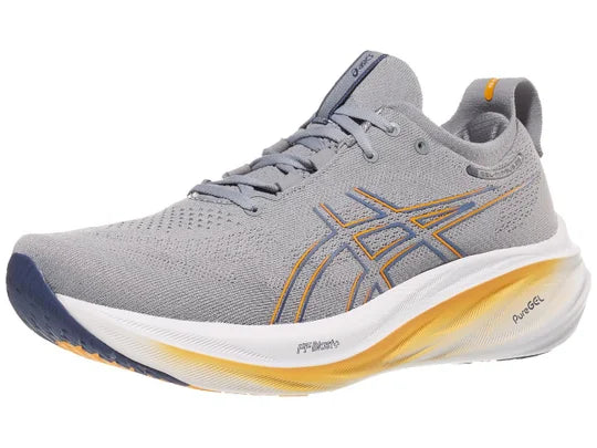 Men's Asics Gel-Nimbus 26. Grey upper. White midsole. Lateral view.