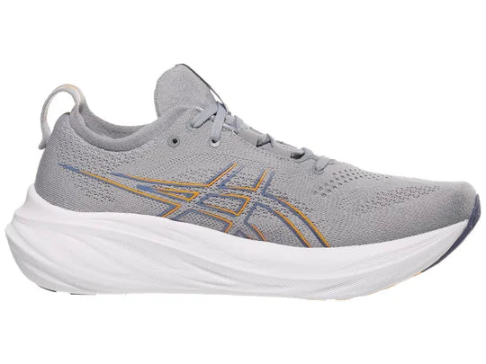 Men's Asics Gel-Nimbus 26. Grey upper. White midsole. Medial view.