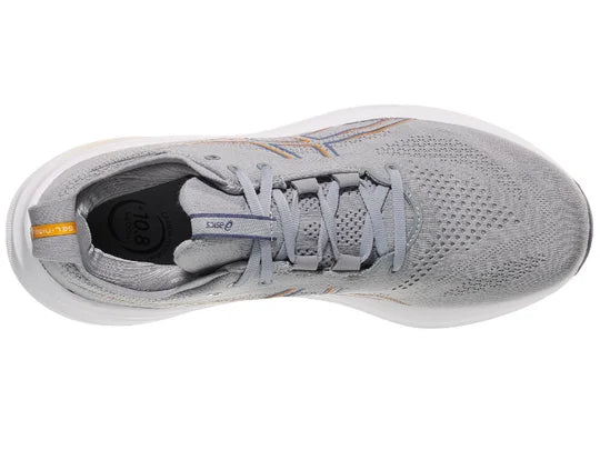 Men's Asics Gel-Nimbus 26. Grey upper. White midsole. Top view.