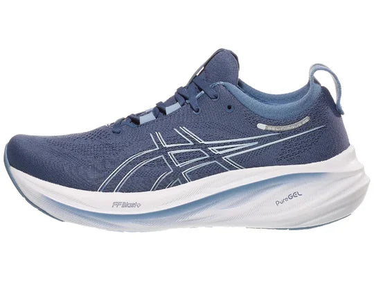 Men's Asics Gel-Nimbus 26. Blue upper. White midsole. Lateral view.