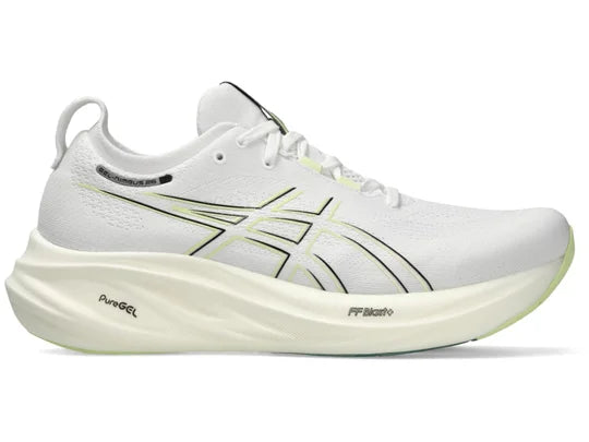 Men's Asics Gel-Nimbus 26. White upper. White midsole. Lateral view.