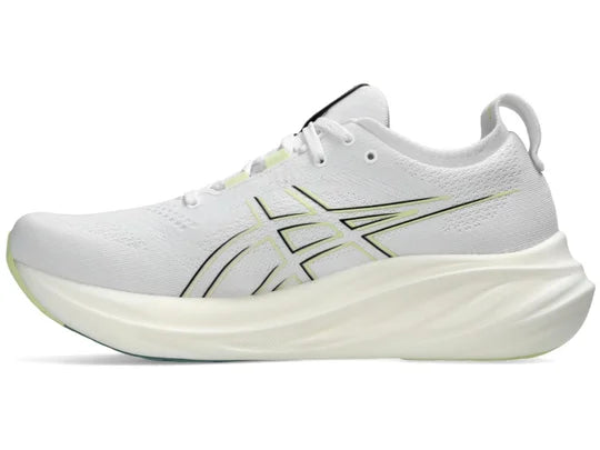 Men's Asics Gel-Nimbus 26. White upper. White midsole. Medial view.