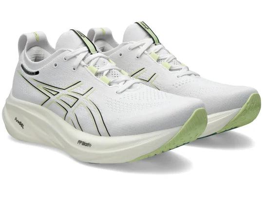 Men's Asics Gel-Nimbus 26. White upper. White midsole. Lateral view.