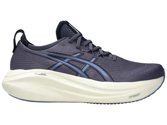 Men's Asics Gel-Nimbus 27. Blue/Grey upper. Off White midsole. Lateral view.