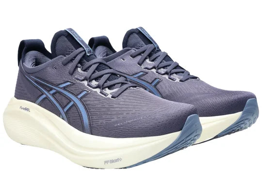 Men's Asics Gel-Nimbus 27. Blue/Grey upper. Off White midsole. Lateral view.