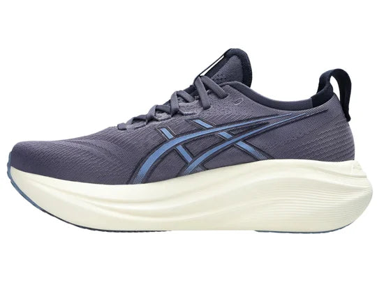 Men's Asics Gel-Nimbus 27. Blue/Grey upper. Off White midsole. Medial view.