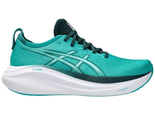 Men's Asics Gel-Nimbus 27. Green upper. White midsole. Lateral view.