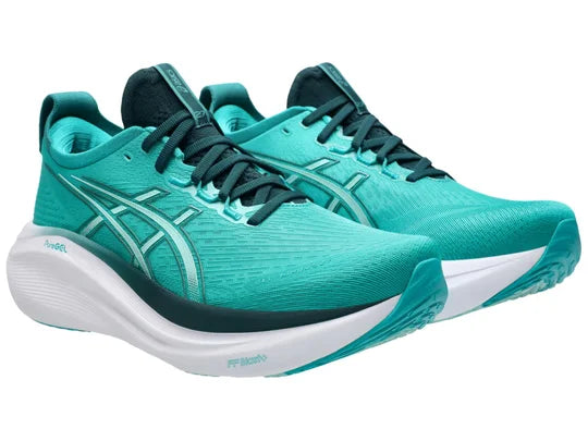 Men's Asics Gel-Nimbus 27. Green upper. White midsole. Lateral view.