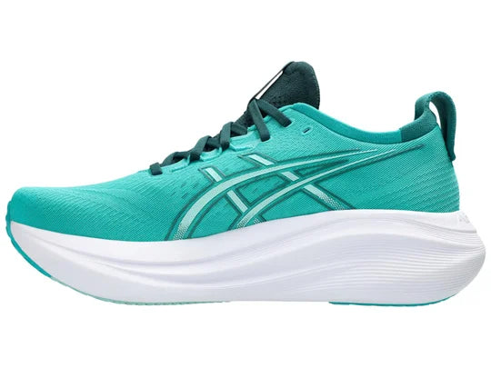 Men's Asics Gel-Nimbus 27. Green upper. White midsole. Medial view.