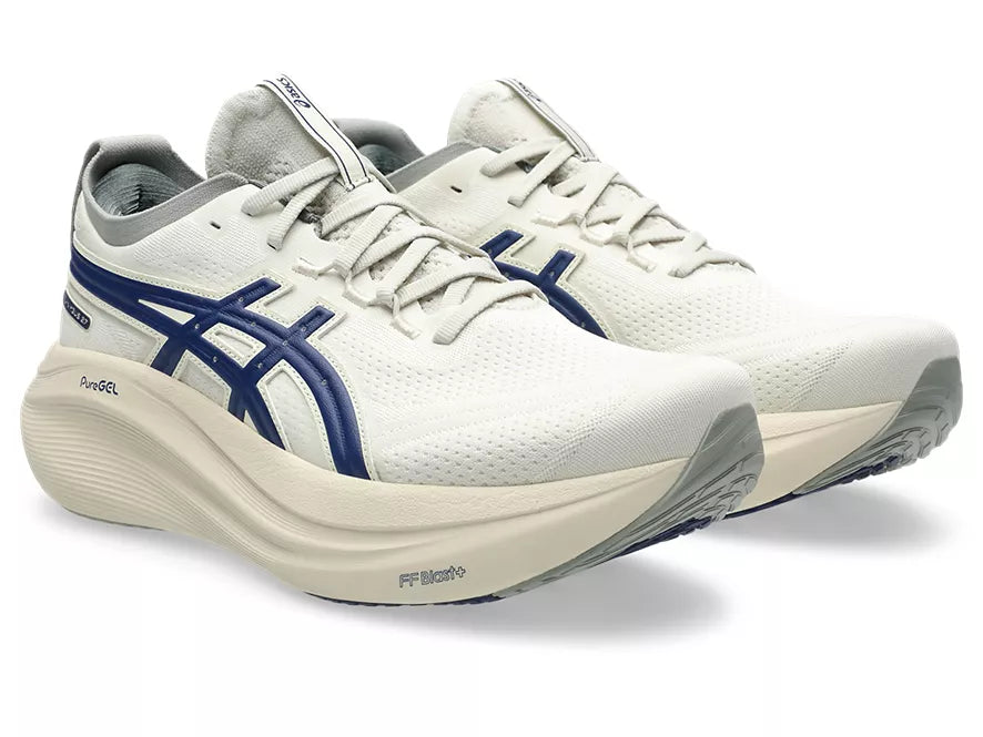 Men's Asics Gel Nimbus 27. Off White upper. Off White midsole. Lateral view.