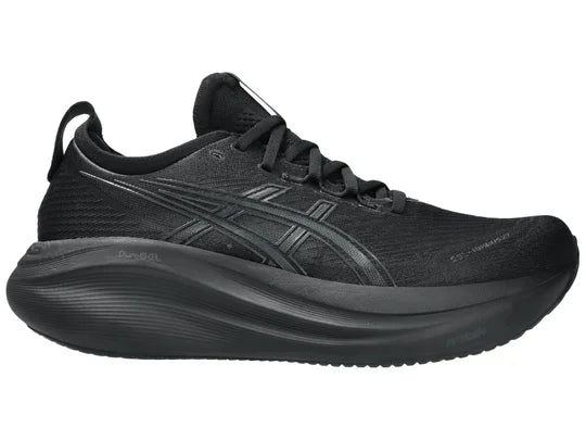 Men's Asics Gel-Nimbus 27. Black upper. Black midsole. Lateral view.