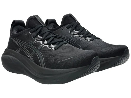 Men's Asics Gel-Nimbus 27. Black upper. Black midsole. Lateral view.