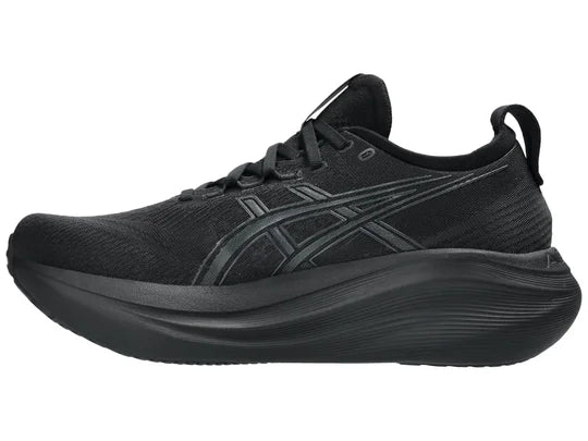 Men's Asics Gel-Nimbus 27. Black upper. Black midsole. Medial view.