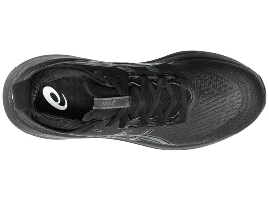 Men's Asics Gel-Nimbus 27. Black upper. Black midsole. Top view.