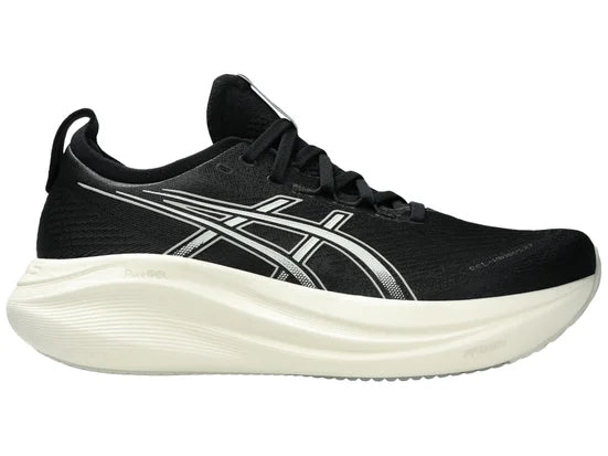 Men's Asics Gel Nimbus 27. Black upper. White midsole. Lateral view.