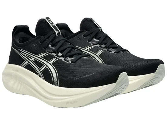 Men's Asics Gel Nimbus 27. Black upper. White midsole. Lateral view.