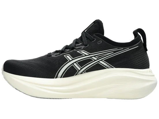 Men's Asics Gel Nimbus 27. Black upper. White midsole. Medial view.