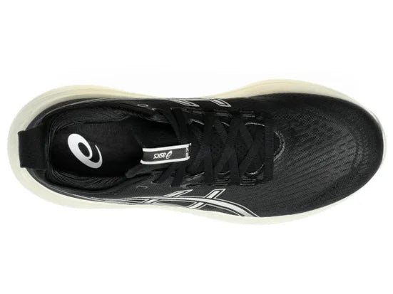 Men's Asics Gel Nimbus 27. Black upper. White midsole. Top view.