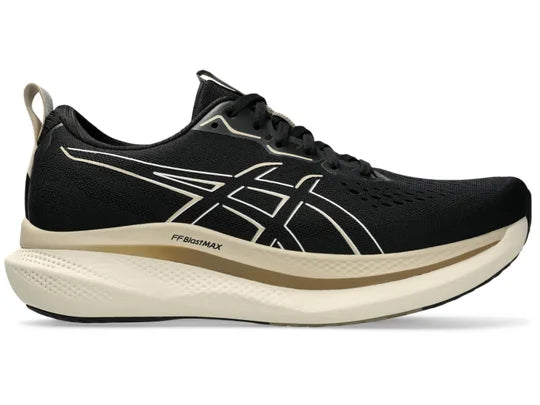 Men's Asics GlideRide Max. Black upper. Off White midsole. Lateral view.