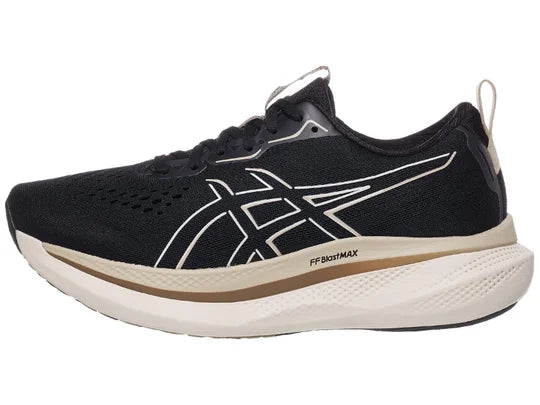 Men's Asics GlideRide Max. Black upper. Off White midsole. Lateral view.