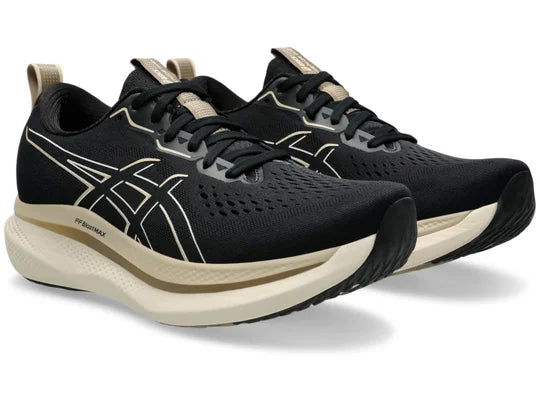 Men's Asics GlideRide Max. Black upper. Off White midsole. Lateral view.