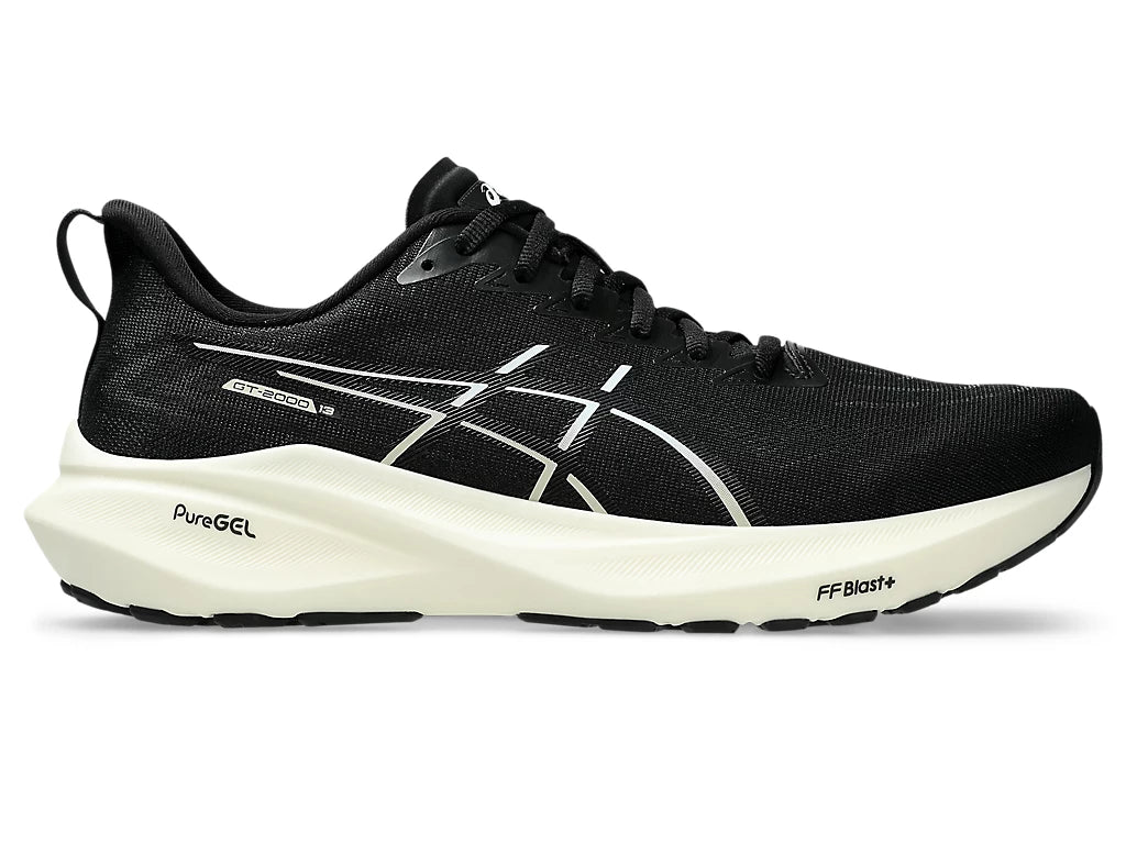 Men's Asics GT 2000 13. Black upper. White midsole. Lateral view.