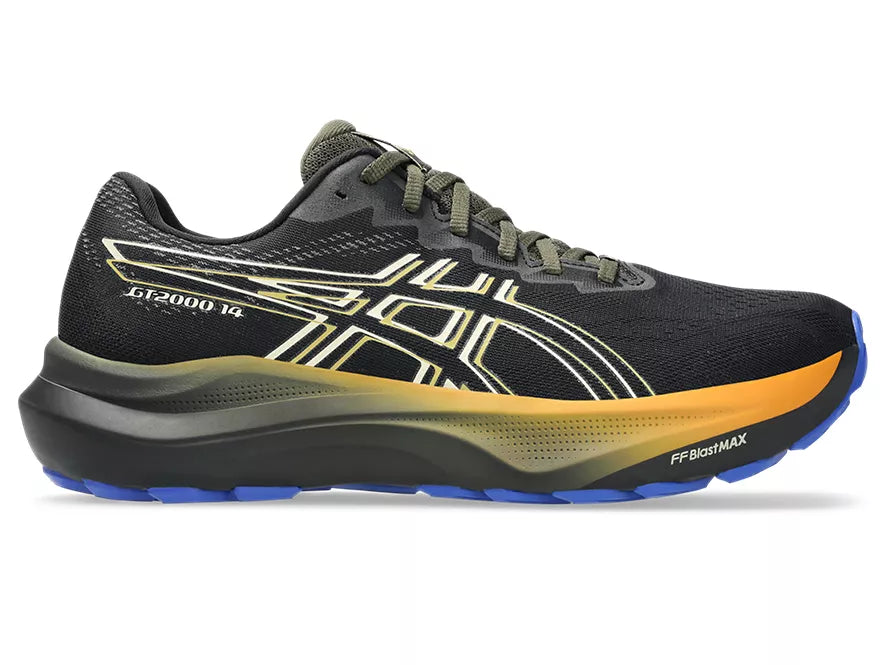Men's Asics GT 2000 14 GT. Black upper. Black/Yellow midsole. Lateral view.