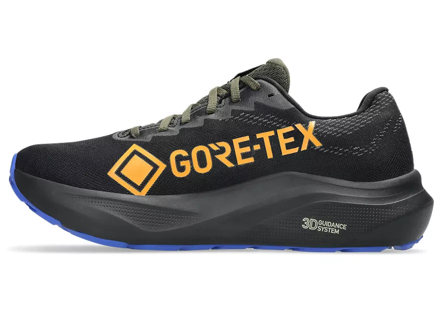 Men's Asics GT 2000 14 GT. Black upper. Black/Yellow midsole. Medial view.