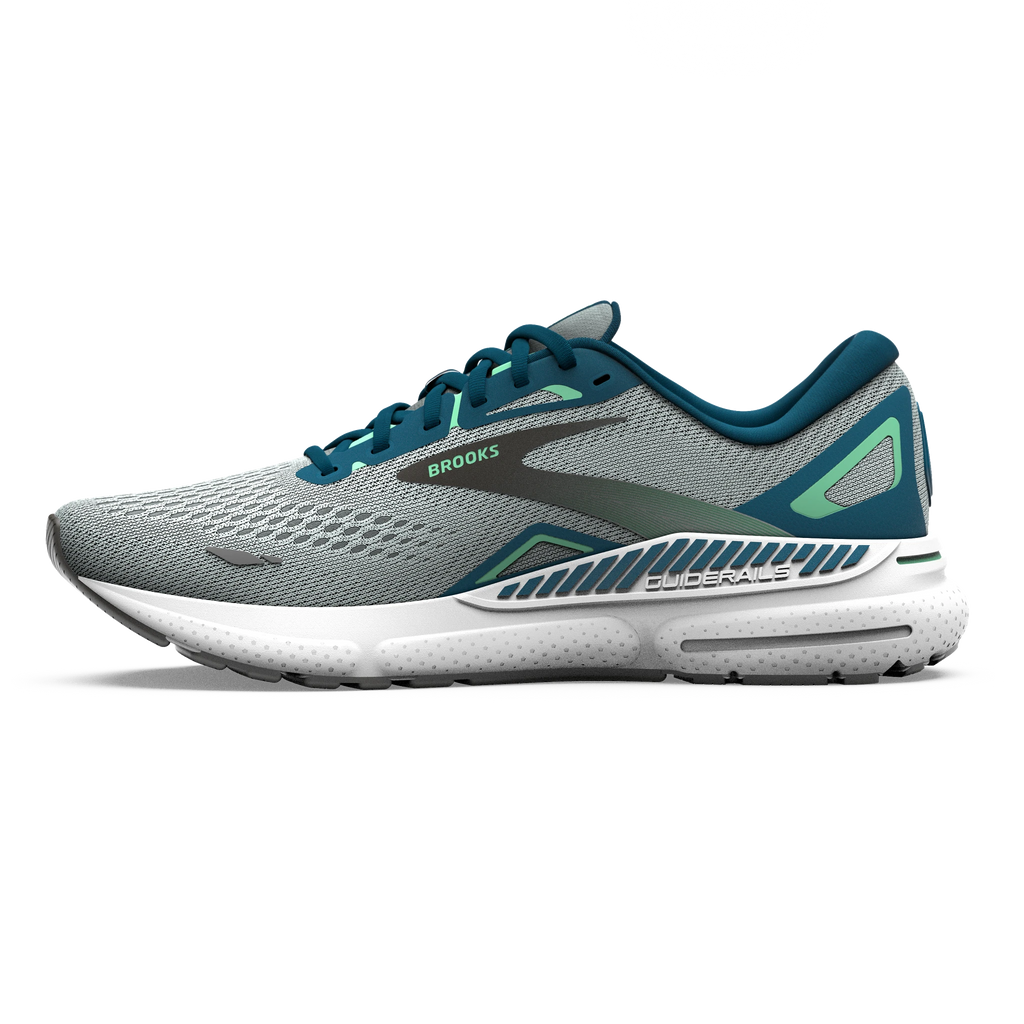 Men's Brooks Adrenaline GTS 23. Grey upper. White midsole. Medial view.