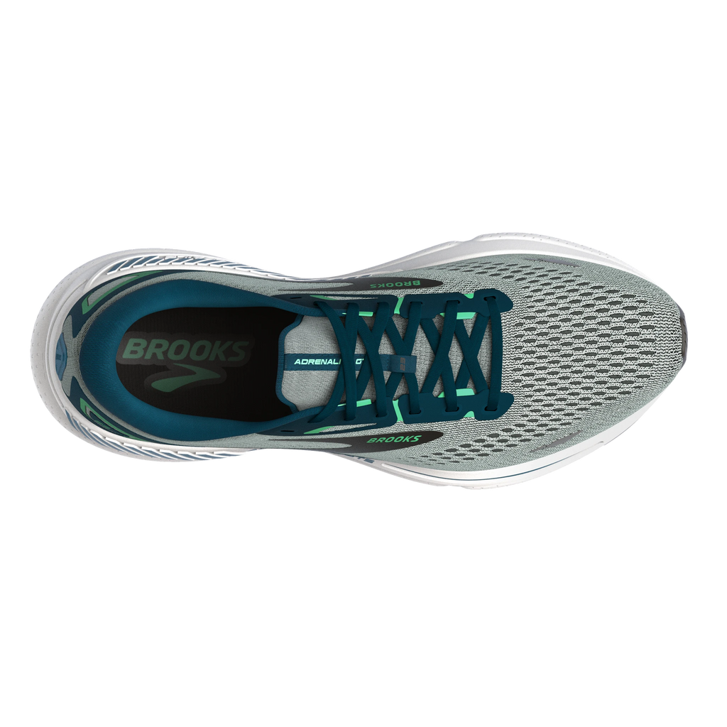 Men's Brooks Adrenaline GTS 23. Grey upper. White midsole. Top view.