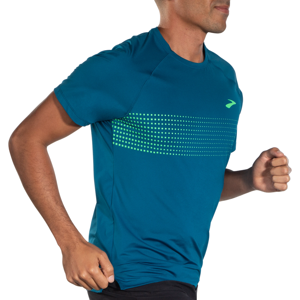 Men's Brooks Atmosphere Short Sleeve 2.0. Blue/Green. Lateral view.