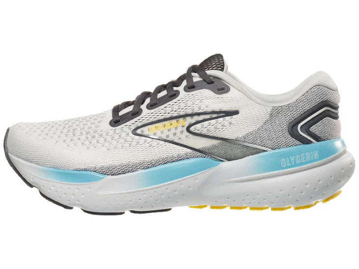 Men's Brooks Glycerin 21. Grey upper. Grey midsole. Lateral view.