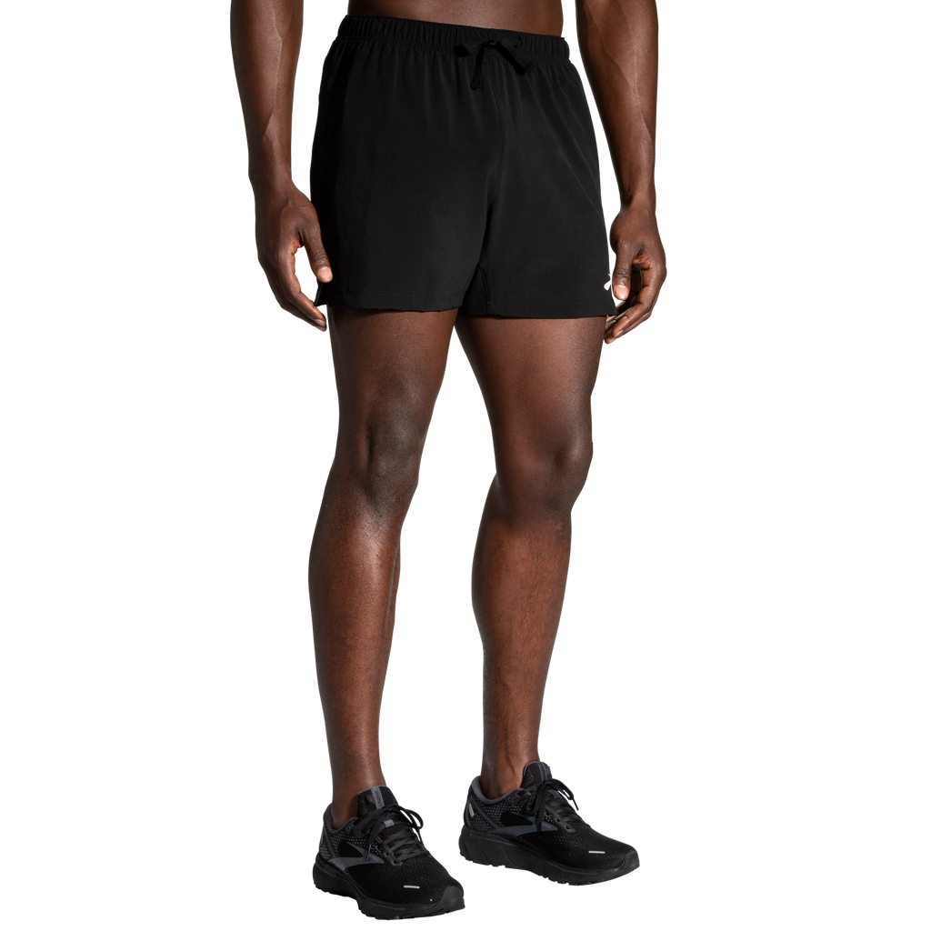 Men's Brooks 5" Moment Shorts. Black. Front view.