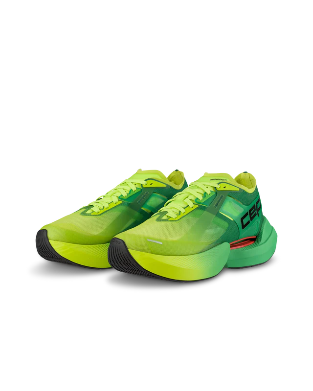 Men's CEP Pro Run Omnispeed. Green/Yellow upper. Green/Yellow midsole. Lateral view.