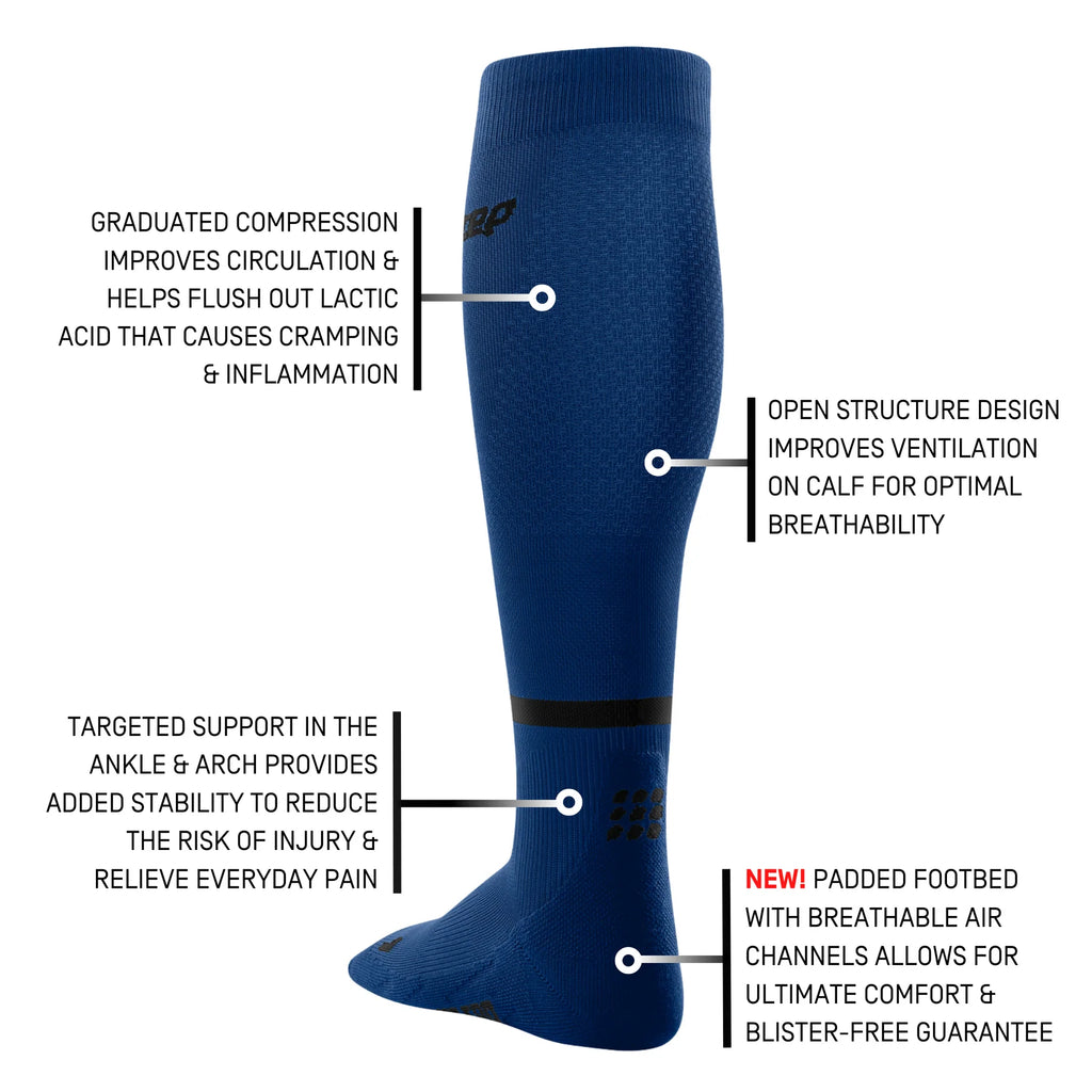 Men's CEP The Run Tall Sock 4.0. Blue. Tech Sheet.