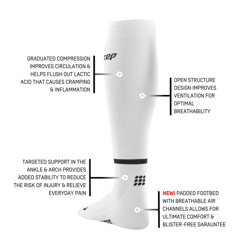 Men's CEP The Run Tall Sock 4.0. White. Tech Sheet.