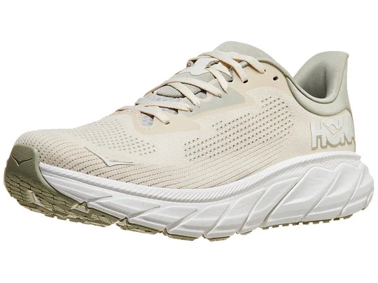 Men's Hoka Arahi 7. Off White upper. White midsole. Lateral view.