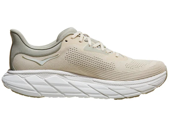 Men's Hoka Arahi 7. Off White upper. White midsole. Medial view.