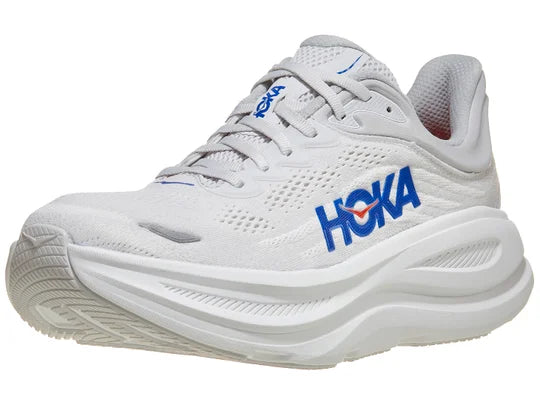 Men's Hoka Bondi 9. Grey upper. White midsole. Lateral view.