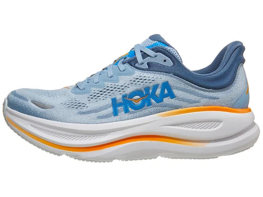 Men's Hoka Bondi 9. Light Blue upper. White midsole. Lateral view.