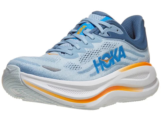 Men's Hoka Bondi 9. Light Blue upper. White midsole. Lateral view.