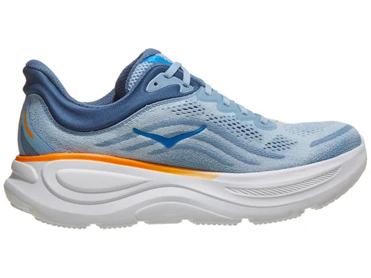 Men's Hoka Bondi 9. Light Blue upper. White midsole. Medial view.