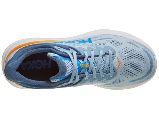 Men's Hoka Bondi 9. Light Blue upper. White midsole. Top view.