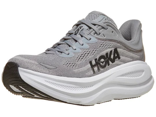 Men's Hoka Bondi 9. Grey upper. White midsole. Lateral view.