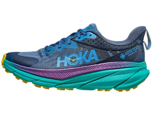 Men's Hoka Challenger 7 GTX. Teal upper. Green midsole. Lateral view.